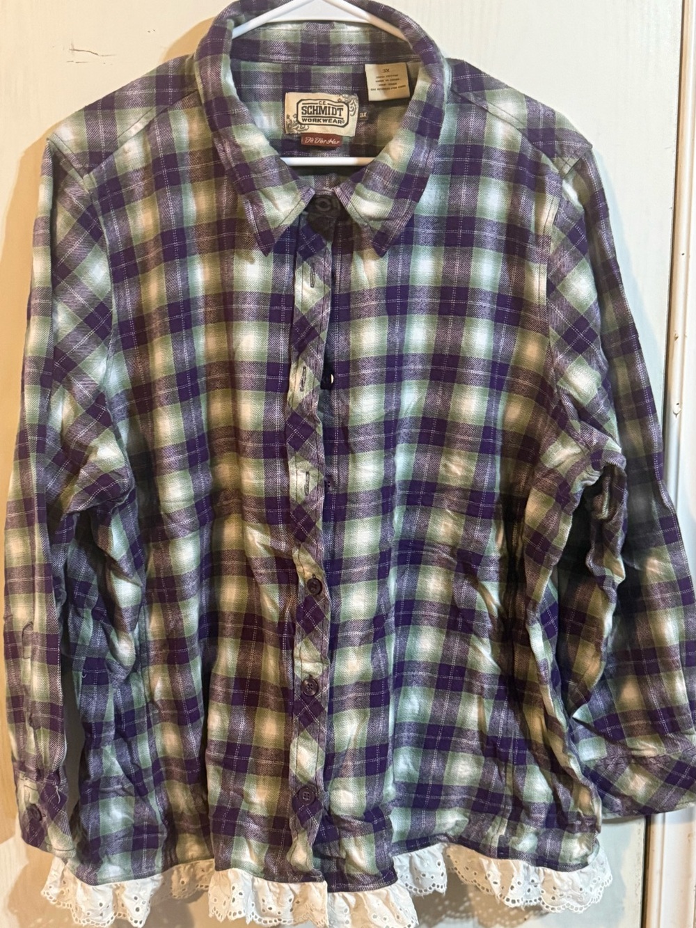 Schmidt Purple & Green Plaid Button-Down Shirt with Lace Trim